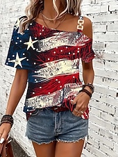 abordables Día de la Independencia Top-día de la independencia americana Mujer Camiseta Estampado Asimétrico Graphic Bandera estadounidense Vintage Moda Casual Manga Corta Un Hombro Tops regulares Diario Fin de semana Azul Piscina Rojo
