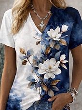  בגדי ריקוד נשים חולצה קצרה דפוס פרחוני גראפי וינטאג' מסוגנן קלסי שרוולים קצרים צווארון V חולצות רגילות יומי לבן / כחול שחור אודם קיץ אביב