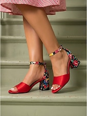 voordelige Hakken Sandalen-Damessandalen uit de jaren 50 in vintage rood satijn - elegante pumps met middelhoge blokhak en enkelbandje met bloemenprint, perfect voor rockabillyfeesten en retro gala's. &amp;zomerse sociale