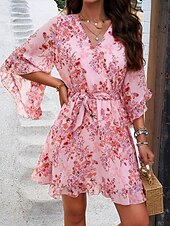 cheap Casual Floral Dresses-Women's Mini Dress Casual Dress Chiffon Dress Floral Dress Elegant Fashion Modern Outdoor Vacation Going out Regular Fit Floral Half Sleeve V Neck Black Pink Green Summer Spring