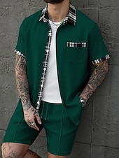 preiswerte Herren Basic Hemden Sets-Herren Zweiteilig Hemd Set Sommer-Set Und Set Kontrastfarbe Lässig Täglich Urlaub Hemdkragen Kurzarm Kurze Hose Sommer Frühling Mode Lässig Bequem Bekleidung