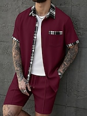 preiswerte Herren Basic Hemden Sets-Herren Zweiteilig Hemd Set Sommer-Set Und Set Kontrastfarbe Lässig Täglich Urlaub Hemdkragen Kurzarm Kurze Hose Sommer Frühling Mode Lässig Bequem Bekleidung