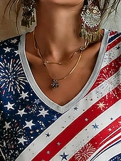  Ημέρα Αμερικανικής Ανεξαρτησίας Γυναικεία Μπλουζάκι Στάμπα Φλοράλ Γραφική Γκράφιτι Βοημία Βίντατζ Κλασσικό Κοντομάνικο Λαιμόκοψη V Κανονικά μπλουζάκια Καθημερινά Θαλασσί Καλοκαίρι Άνοιξη