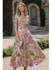 abordables Vestidos de cóctel-Corte A Vestido Midi Vestido de encaje Vestido formal Vestido de flores Vestidos de coctel Elegante Vintage Floral Manga Corta Escote en Pico Fiesta de jardin Boda Bolsillo Satén Encaje Espalda
