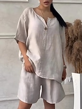 baratos Conjuntos Co-ord Falsos Essenciais-Conjunto feminino de shorts em linho sintético com estampa de algodão, manga 3/4, decote em V, cor sólida, estilo streetwear, casual, para uso diário, em tons de azul, branco e rosa, ideal para o