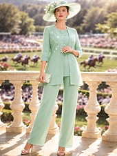 preiswerte Hosenanzüge für Mama-Overall Hosenanzug Dreiteilig Bodenlang Brautmutterkleid Dreiviertelarm Rundausschnitt Elegant Formell Hochzeitsgast Chiffon Spitze Paillettenbesetzt mit Spitze Paillette