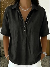cheap Shirts-Women's Shirt Linen-feel Shirts Vintage Stylish Short Sleeve Turndown Regular Tops Daily Work Holiday Blue Black White Pink Light Brown Summer Spring