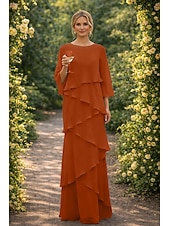 preiswerte Bodenlänge-Schlauchkleid Bodenlang Kleid für Hochzeitsgäste Abendkleid Brautmutterkleid Dreiviertelarm Rundhalsausschnitt Elegant Formell Chiffon mit Rüschen