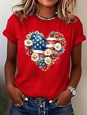  Dia da Independência Americana Mulheres Camiseta Imprimir Coração Gráfico Vintage à moda Clássico Manga Curta Gola Redonda Tops longos Diário Azul Preto Branco Vermelho Verão Primavera