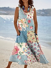 tanie Sukienki kwiatowe-Damskie Sukienka midi Sukienka letnia Sukienka A line Urlop Codzienny Boho Święto Luźna Kwiaty Graficzny Bez rękawów Dekolt w kształcie litery U Niebieski Żółty Rumiany róż Zielony Lato Wiosna