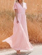 cheap White Lace Dresses-Women's Maxi Dress White Lace Dress Elegant Fashion Modern Outdoor Vacation Going out Regular Fit Plain Short Sleeve V Neck White Summer Spring