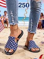  Damsandaler med stjärnmönster och USA-motiv för 250-årsjubileum - patriotiska blå platta sandaler med stjärnmönster för självständighetsdagen 2026 och strandsemester &patriotiska parader