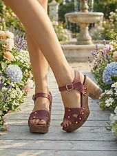 cheap Platform Sandals-Women's Burgundy Chunky Heel Sandals – Faux Leather Sandals with Buckle and Perforated Design for Casual Outings, Summer Parties and Everyday Wear
