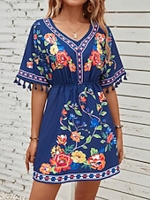 voordelige Boho Jurken-Dames Mini-jurk Boho-jurk Casual jurk Bloemetjesjurk Elegant Modieus Modern Buiten Vakantie Uitgaan Normale pasvorm Bloemig Korte mouw V-hals blauw Zwart Wit Zomer Lente