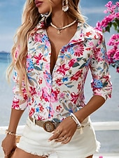 economico Bluse Floreali-Per donna Blusa Patchwork Bottoni Stampato Floreale Grafico Vintage Quotidiano Elegante Manica Lunga Colletto a Camicia Top Regolari Quotidiano Giallo Rosso Estate Primavera