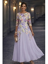 preiswerte Bodenlänge-A-Linie Bodenlang Spitzenkleid Brautmutterkleid Langarm Rundhalsausschnitt Illusionsausschnitt Elegant Vintage Formell Hochzeitsgast Hochzeitsfeier Chiffon Spitze mit Blumenmuster 3D-Blumen Stickerei