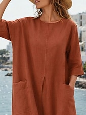 preiswerte Weißes Kleid-Damen Maxikleid Shiftkleid Lässig Täglich Lässiger Schnitt Einfach Dreiviertelarm Rundhalsausschnitt Schwarz Orange Grün Beige Sommer Frühling Herbst