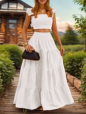 abordables Conjuntos de dos piezas-Mujer conjuntos de falda Sin Mangas Escote Cuadrado Plano Frunce Elegante Moda Ropa de calle Casual Diario Exterior Negro Blanco Amarillo Verano Ajuste regular