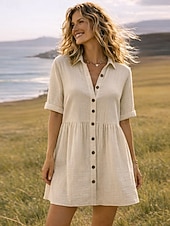 abordables Robe Simple-Robe-chemise courte pour femme, basique, décontractée, pour le quotidien, les vacances, coupe classique, manches courtes, col, noir, rose, abricot, été