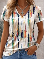 cheap Stripe&amp;Geometric tee-Women's T Shirt Print Graphic Striped Abstract Stylish Classic Casual Short Sleeve V Neck Long Tops Daily Brown And White Gray / White White Summer Spring