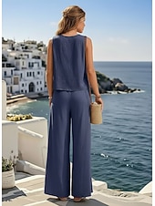 economico Imposta-Per donna Set di biancheria in cotone Set da due pezzi Blusa Pantaloni Senza Maniche Girocollo Tinta unica Elegante Moda Streetwear Casuale Quotidiano All'aperto Nero Giallo Blu marino scuro Estate