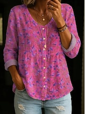 cheap Floral Blouses-Women's Blouse Buttons Print Floral Graphic Elegant Vacation Vintage Long Sleeve Crew Neck Regular Tops Daily Yellow Pink Purple Fuchsia Orange Summer Spring Fall
