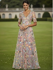  А-силуэт Платья В пол Платье для вечеринки Коктейльные платья Платье для матери невесты Рукав до локтя V-образный вырез Элегантный стиль Винтаж Роскошный Официальные Свадебный гость Дерби в Кентукки