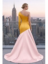 levne Šaty na večer ve tvaru A-A-Linie Dlouhá vlečka Šaty pro svatební hosty Formální šaty Večerní šaty Šaty Elegantní Dlouhý rukáv Jedno rameno Maturitní ples Formální Satén s Barevné bloky