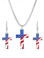 voordelige Accessoires-Damesketting en oorbellen met kruisje van legering, gouden en zilveren patriottische sieraden, oorbellen met hanger in de vorm van een Amerikaanse vlag, perfect voor de 250e verjaardag van de VS, Onafhankelijkheidsdag, casual kleding en vakantie.