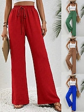 preiswerte weites Bein und hohe Taille-Damen Weites Bein Chinos Urlaub Streetwear Lässig Volle Länge Mittlere Taillenlinie Einfach Kordelzug Tasche Elastischer Bund Bequem Atmungsaktiv Mikroelastisch Täglich Outdoor Streetwear Rote Blau