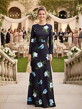baratos Floor Length-A-Line Floor Length Wedding Guest Dress Formal Dresses Evening Gown Mother of the Bride Dress Long Sleeve Crew Neck Elegant Formal Satin with Floral Print