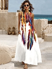 abordables Robes Boho-Femmes Robe maxi Robe d'Été Robe trapèze Robe d'été Vacances Occasionnel Boho Quotidien Fête Coupe Ample Graphique Tribal Plume Sans manches Col en V Col Halter Bleu Noir Blanche Rouge claire Ét