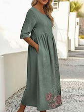  女性用 ミディドレス カジュアルドレス プリントドレス ヴィンテージ アウトドア バケーション お出かけ ルーズフィット フラワー グラフィック ハーフスリーブ クルーネック ブルー イエロー パープル グリーン 夏 春