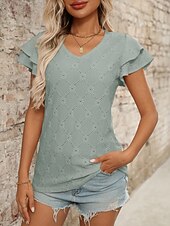 baratos Blusas Elegantes-Mulheres Camisa Social Topo de ilhó Blusa Patchwork Tecido à moda Clássico Moderno Manga Curta Decote V Tops regulares Diário Feriado Para Noite Preto Azul Céu Roxo Claro Laranja Verde Verão Primavera