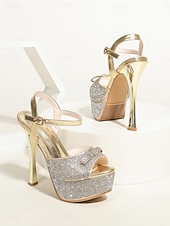 cheap Bride-Women's Silver Glitter Bow Platform Stiletto Heels - Glamorous Bridal Shoes for Urban Wedding Brides