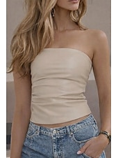 Недорогие Простой бак-Жен. Облегающий топ Топ из искусственной кожи Рюши Открытая спина Сплошной цвет Винтаж Стиль горячий Без рукавов Бандо Обычные топы Повседневные На выход