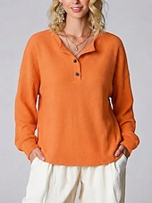 abordables T-shirt uni-Femmes Chemise Tops en tricot gaufre Couleur Unie Élégant Classique Occasionnel manche longue Henley Hauts Réguliers Quotidien Sports Week-end Noir Blanche Jaune Rouge Orange Été Printemps Automne