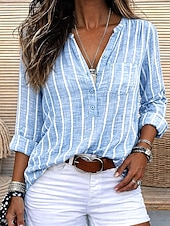 economico Bluse a righe e geometriche-Per donna Blusa Bottoni Stampato A righe Elegante Casual Manica Lunga Scollo a V Top Regolari Quotidiano Blu Estate Primavera Autunno