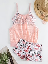 cheap Tankinis-Women's Swimwear Tankini 2 Piece Swimsuit Tummy Control High Waist Cut Out Slim Backless Vacation Beach Wear Floral Scoop Neck Sleeveless Bathing Suits