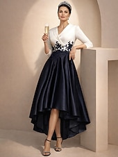 preiswerte Knöchellänge-A-Linie Asymmetrisch Tee-Länge Partykleid Cocktailkleid Kleid für Hochzeitsgäste Brautmutterkleid Dreiviertelarm Hemdkragen Elegant High-Low Formell Hochzeitsgast Satin Spitze mit Applikationen