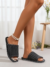 Недорогие Женские тапочки и шлепанцы-Женские темно-красные летние плюшевые домашние тапочки с открытым носком – мягкие, дышащие, с плетеной амортизирующей стелькой для дома, спальни и повседневного комфорта.