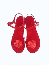 cheap Flat Sandals-Women's Vibrant Red Jelly Sandals - Waterproof Summer Flip Flops with Romantic Silk Rose Decor for Beach Vacations, Tropical Parties &amp; Resort Wear