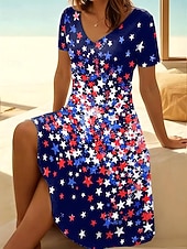 Amerikanischer Unabhängigkeitstag Damen Minikleid Sommerkleid T-Shirt-Kleid A Linie Kleid Urlaub Lässig Boho Strand Normale Passform Grafik Flagge Sternenbanner Kurzarm V Ausschnitt Blau Schwarz