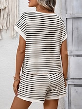 cheap Women's Blouse Suits-Women's Two Piece Sets Shorts Sets Short Sleeve Crew Neck Striped Fashion Streetwear Casual Daily Outdoor Black Pink Dark Pink Summer Regular Fit
