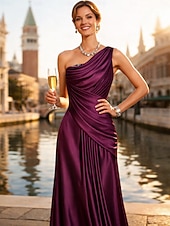 cheap Empire Waist Evening Dresses-Sheath Column Floor Length Prom Dresses Evening Gown Ball Gown Formal Dress Elegant Sleeveless One Shoulder Formal Evening Fall Wedding Guest Satin Backless with Pleats Crystals Draping