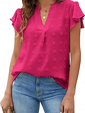 abordables T-shirt uni-Femmes Chemisier A Volants Couleur Unie Élégant Occasionnel Manche Courte Col en V Hauts Réguliers Quotidien Bleu Noir Blanche Rose Claire Fuchsia Été Printemps