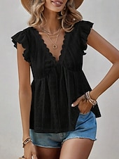 tanie Zwykły zbiornik-Damskie Bezrękawnik Falbana Oczko Równina Moda Elegancki Klasyczny Bez rękawów W serek Zwykłe topy Codzienny Wyjściowe Weekend Czarny Biały Kawowy Jasnoniebieski Lato Wiosna