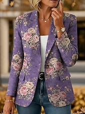ieftine Blazere și costume-Pentru femei Blazer Cald Comfortabil Buzunar Nasturi Imprimeu Zilnic Casual Floral Vacanță Birou Casual Cu Un Nasture Regulat Răsfrânt Fit regulat Manșon Lung Îmbrăcăminte exterioară Albastru piscin