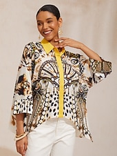 abordables Chemises et blouses-Chemise vintage en satin soyeux à manches dolman et bijoux léopard