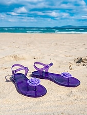 abordables Femmes-Sandales en plastique jaune pour femmes - sandales de plage romantiques et imperméables avec décoration de roses en 3D &amp;Bride de cheville ajustable pour les vacances d'été, les escapades sur les îles